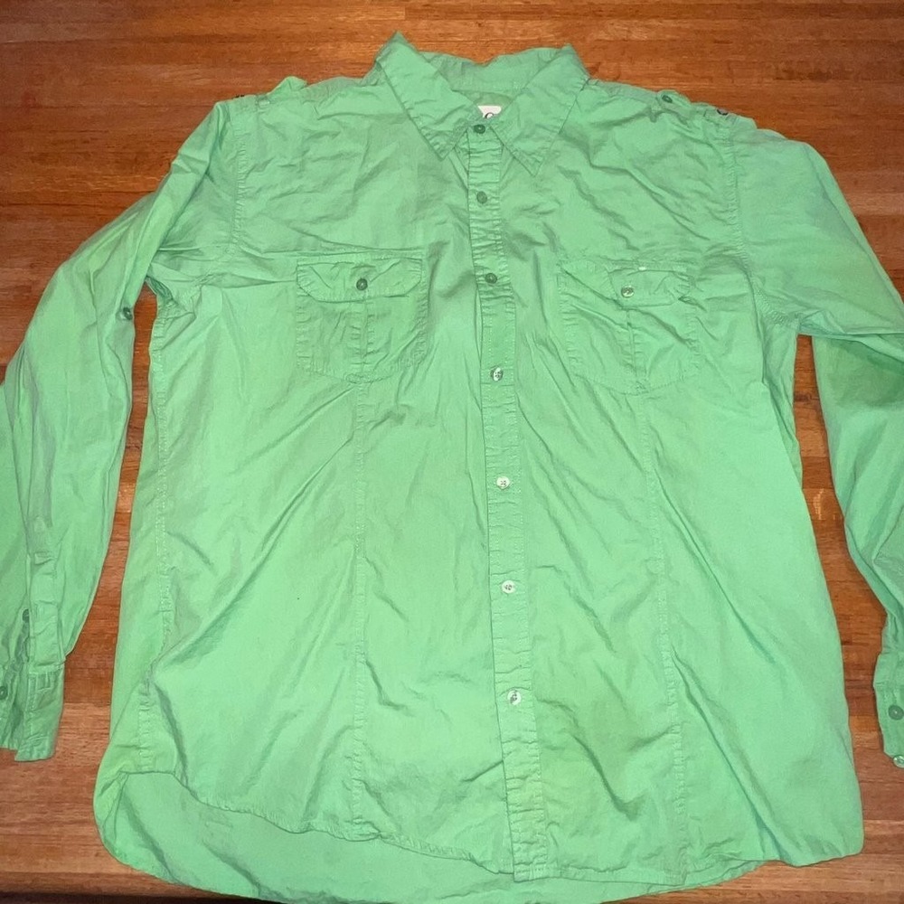 PD&C Men XXL Neon Green Button-Up Collared Roll Tab Sleeve 2 Pocket Cotton Shirt